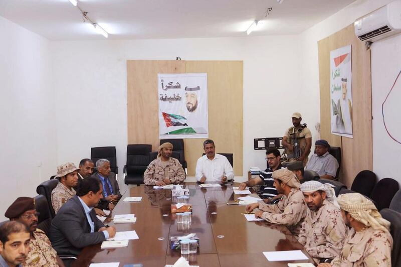 Yemeni vice president and prime minister Khalid Bahah held a security meeting with Emirati and other coalition officers on January 27, 2015. Courtesy office of Yemen prime minister