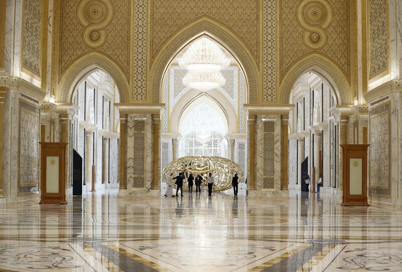 Abu Dhabi, United Arab Emirates - March 11, 2019: The Great hall. Exclusive preview and guided tour of Qasr Al Watan, the UAEÕs new cultural landmark. Monday the 11th of March 2019 at Qasr Al Watan, Abu Dhabi. Chris Whiteoak / The National