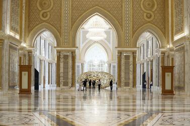 Abu Dhabi, United Arab Emirates - March 11, 2019: The Great hall. Exclusive preview and guided tour of Qasr Al Watan, the UAEÕs new cultural landmark. Monday the 11th of March 2019 at Qasr Al Watan, Abu Dhabi. Chris Whiteoak / The National