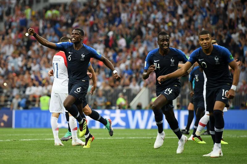 Paul Pogba, Blaise Matuidi and Kylian Mbappe of France celebrate their team's first goal, an own goal scored by Mario Mandzukic. Getty Images