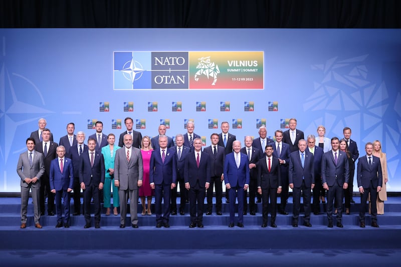 Leaders of Nato member countries pose for an official photo on the opening day of the annual Nato summit in Vilnius, Lithuania. Bloomberg