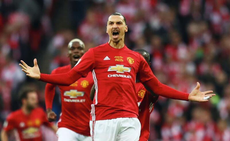 LONDON, ENGLAND - FEBRUARY 26:  Zlatan Ibrahimovic of Manchester United (9) celebrates as he scores their first goal during the EFL Cup Final match between Manchester United and Southampton at Wembley Stadium on February 26, 2017 in London, England.  (Photo by Michael Steele/Getty Images)