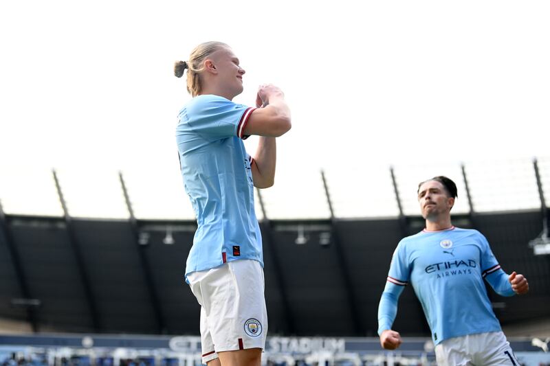 Erling Haaland after scoring his second goal at the Etihad Stadium on Saturday. Getty