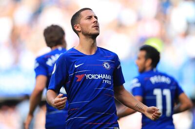 LONDON, ENGLAND - SEPTEMBER 15: Eden Hazard of Chelsea celebrates scoring  the equalising goal during the Premier League match between Chelsea FC and Cardiff City at Stamford Bridge on September 15, 2018 in London, United Kingdom. (Photo by Marc Atkins/Getty Images)