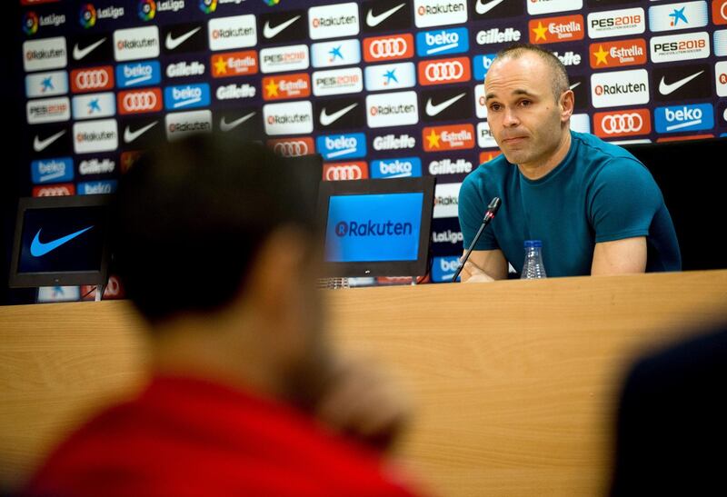 epa06696655 FC Barcelonaâ€™s Spanish midfielder Andres Iniesta during a press conference to announce his departure from the Spanish club by the end of the season, at Joan Gamper sports city in Barcelona, northeastern Spain, 27 April 2018.  EPA/Enric Fontcuberta