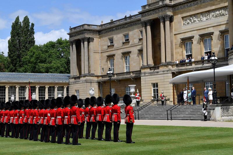 (bottom R - L-R) US First Lady Melania Trump, Britain's Queen Elizabeth II, US President Donald Trump, Britain's Prince Charles, Prince of Wales and Britain's Camilla, Duchess of Cornwall watch guardsmen parade during a welcome ceremony at Buckingham Palace in central London on June 3, 2019, on the first day of the US president and First Lady's three-day State Visit to the UK. AFP