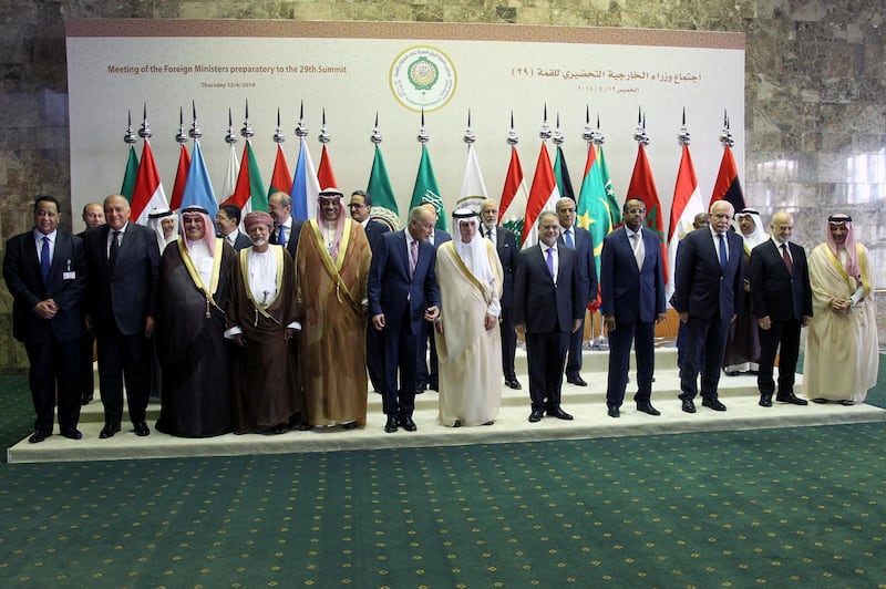 Ministers pose for a group photo on the sidelines of a preparatory meeting of Arab Foreign Ministers ahead of the 29th Summit of the Arab League in Riyadh, Saudi Arabia.  Ahmed Yosri / EPA