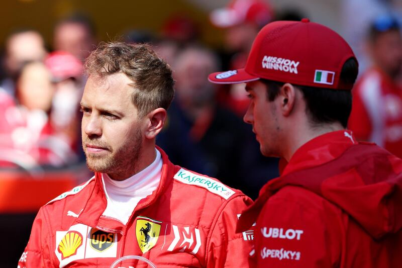 MONTMELO, SPAIN - MARCH 01: Charles Leclerc of Monaco and Ferrari and Sebastian Vettel of Germany and Ferrari talk in the Paddock during day four of F1 Winter Testing at Circuit de Catalunya on March 01, 2019 in Montmelo, Spain. (Photo by Charles Coates/Getty Images)