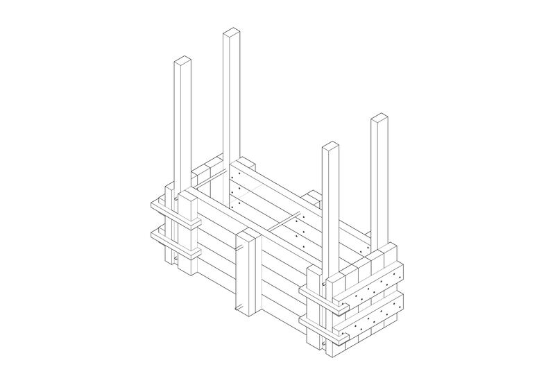 Drawing of wall construction made of six dual posts that form a mould