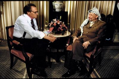 ARAFAT, GUEST OF THE LARRY KING SHOW ON CNN (Photo by Jeffrey Markowitz/Sygma via Getty Images)