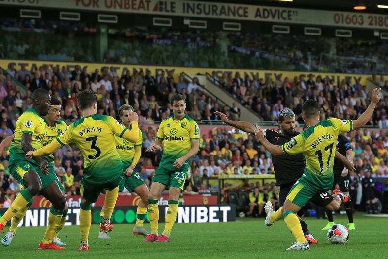 Right-back: Sam Byram (Norwich) – Only playing because Max Aarons was injured, the summer signing (wearing No 3) subdued Raheem Sterling in a famous win for Norwich. AFP