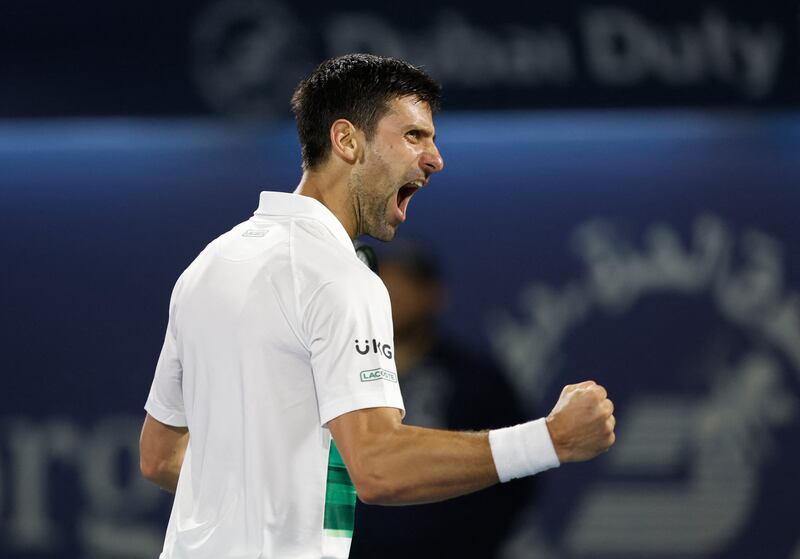 Tennis - ATP 500 - Dubai Tennis Championships - Aviation Club Tennis Centre, Dubai, United Arab Emirates - February 23, 2022 Serbia's Novak Djokovic reacts during his second round match against Russia's Karen Khachanov REUTERS / Suhaib Salem