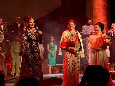 'Umm Kulthum and the Golden Era' producer Mona Khashoggi addresses the crowd after the premiere performance in London in 2020. Photo: Darren Bell