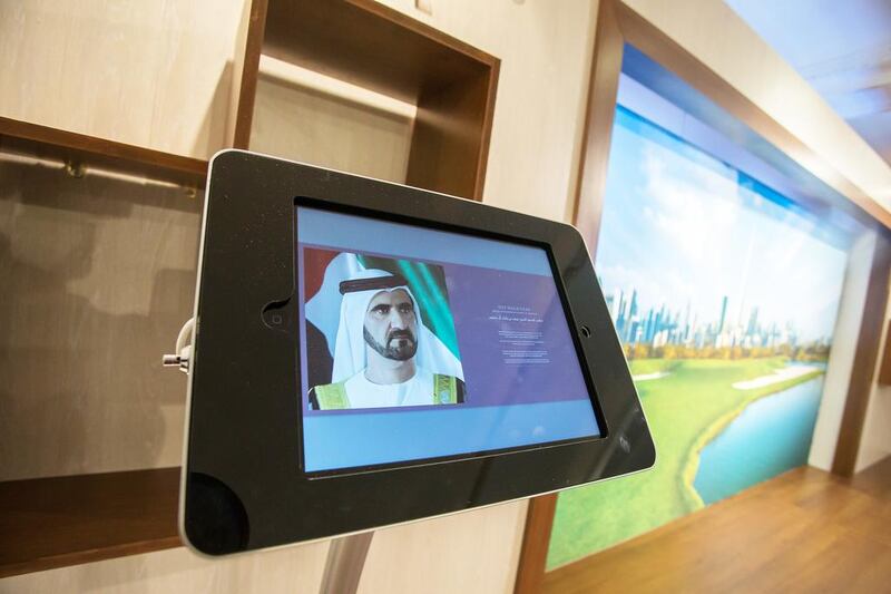 Sheikh Mohammed Bin Rashid, Vice President and Ruler of Dubai, can be seen on a screen within Emaar's exhibition at Harrods. Courtesy Emaar / Harrods Estates