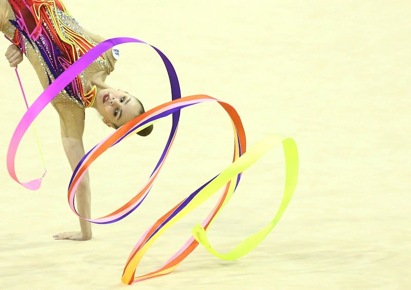 Anastasiia Salos of Belarus competes at the European Rhythmic Gymnastics Championships in Varna, Bulgaria. Reuters