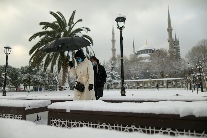 Sultan Ahmed Mosque, also known as the Blue Mosque, was covered in snow. AP