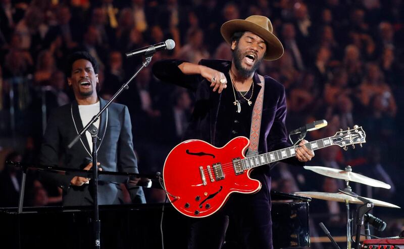 Jon Baptiste and Gary Clark Jr. perform a tribute to Chuck Berry and Fats Domino. Lucas Jackson / Reuters