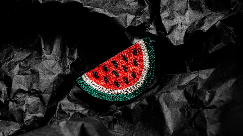 Crystalised watermelon brooches by Palestinian-Jordanian designer Zaid Farouki are available in the UAE. Photo: Zaid Farouki