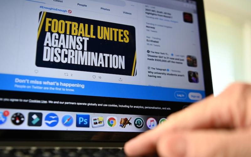 epa09169005 A twitter account showing the 'Enough is Enough' social media boycott in London, Britain, 30 April 2021. Football federations are uniting against discrimination and racism with a social media boycott from 30 April. A joint statement from the various football organisations staging the boycott reads: 'The FA, Premier League, EFL, FA Women’s Super League, FA Women’s Championship, PFA, LMA, PGMOL, Kick It Out, Women in Football and the FSA will unite for a social media boycott on Friday 30 April to midnight Monday 3 May, in response to the ongoing and sustained discriminatory abuse received online by players and many others connected to football'.  EPA/ANDY RAIN