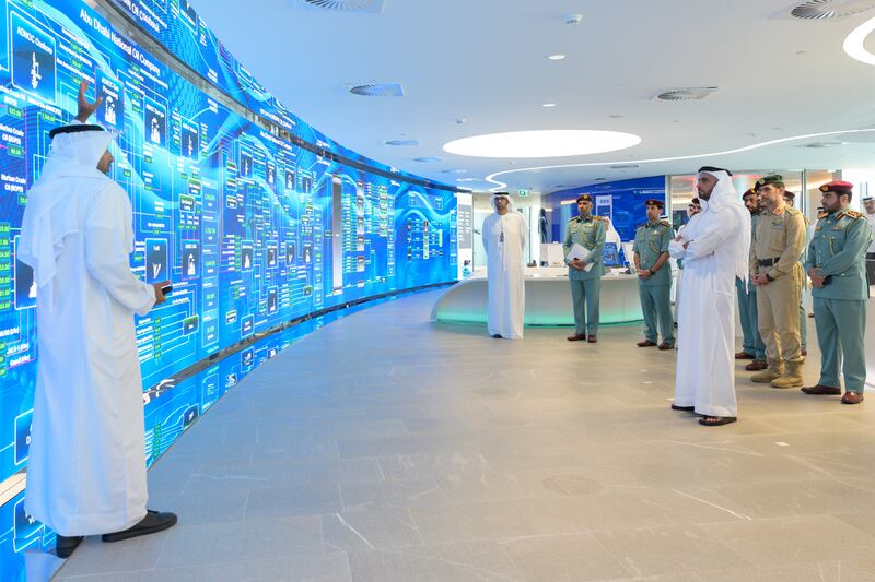 Sheikh Saif bin Zayed, Deputy Prime Minister and Minister of Interior, reviews the Panorama digital control centre at Adnoc. Wam