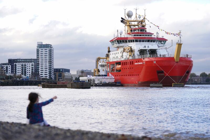 The RRS Sir David Attenborough docks in Greenwich, London. The UK's most advanced polar research ship is in London to mark the start of the Cop26 climate conference. PA