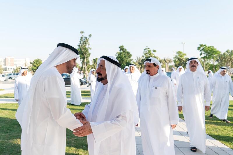 ABU DHABI, UNITED ARAB EMIRATES - November 30, 2017: HH Sheikh Mohamed bin Zayed Al Nahyan, Crown Prince of Abu Dhabi and Deputy Supreme Commander of the UAE Armed Forces (L), receives HH Dr Sheikh Sultan bin Mohamed Al Qasimi, UAE Supreme Council Member and Ruler of Sharjah (2nd L), during a Commemoration Day ceremony at Wahat Al Karama, a memorial dedicated to the memory of UAE’s National Heroes in honour of their sacrifice and in recognition of their heroism. Seen with HH Sheikh Humaid bin Rashid Al Nuaimi, UAE Supreme Council Member and Ruler of Ajman (3rd L) and HH Sheikh Saud bin Rashid Al Mu'alla, UAE Supreme Council Member and Ruler of Umm Al Quwain (R).

( Rashed Al Mansoori / Crown Prince Court - Abu Dhabi  )
---