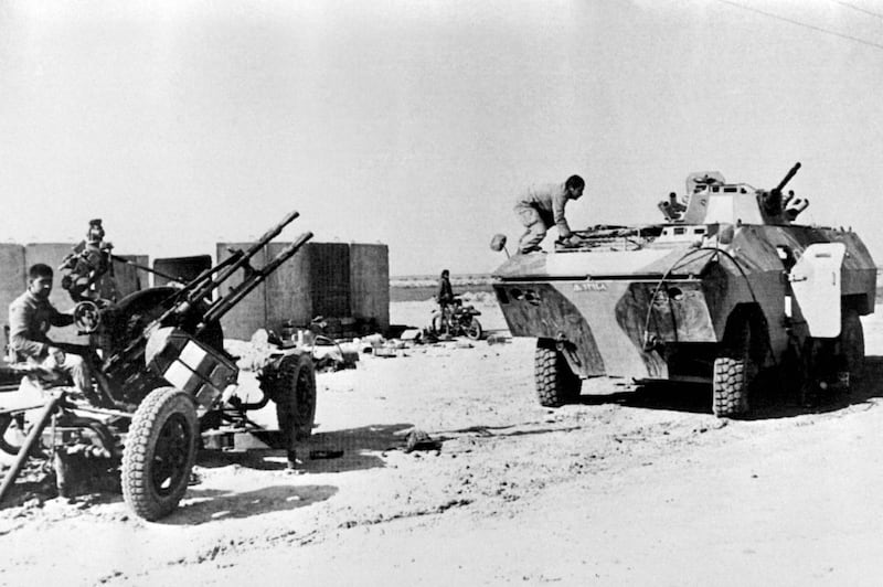Iranian anti-aircraft artillery and captured Iraqi hardware in the Iraqi Al Faw peninsula, on February 17, 1986,  AFP.