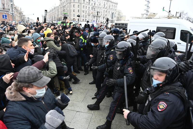 Protesters clash with riot police during a rally in support of jailed opposition leader Alexei Navalny in downtown Moscow. AFP