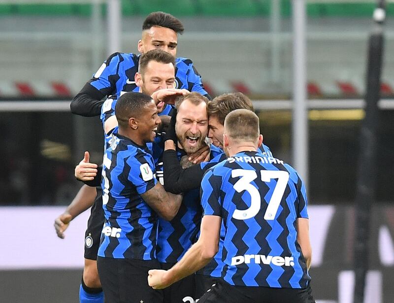 Inter Milan players celebrate Christian Eriksen's winner. Reuters