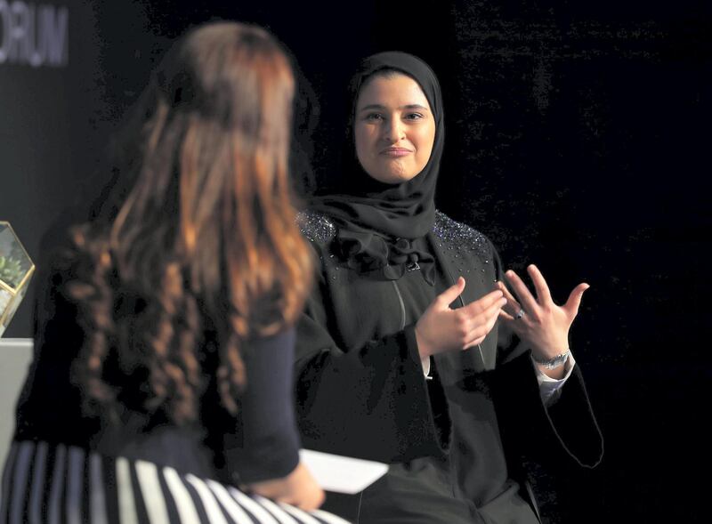 Abu Dhabi, United Arab Emirates - May 8th, 2018: Her Excellency Sarah bint Yousif Al Amiri Minister of State for Advanced Sciences with Mina Al Oraibi, Editor in Chief of The National (L) at The National's Future Forum. Tuesday, May 8th, 2018 at Cleveland Clinic, Abu Dhabi. Chris Whiteoak / The National