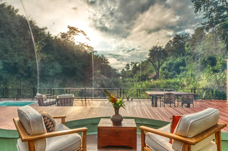 The 30-square-metre wooden deck is home to seating areas, a dining table and even a plunge pool