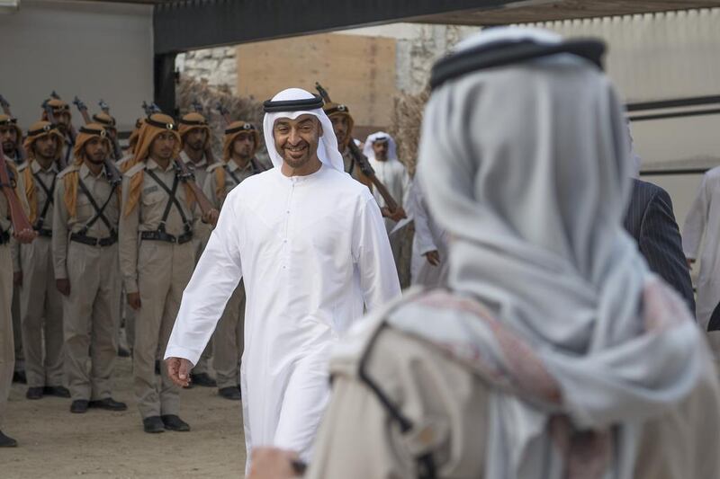 Sheikh Mohammed bin Zayed, Crown Prince of Abu Dhabi and Deputy Supreme Commander of the UAE Armed Forces (C), is pictured at the Qasr Al Hosn fort in the UAE capital on March 6, 2017. Hamad Al Kaabi / Crown Prince Court - Abu Dhabi 