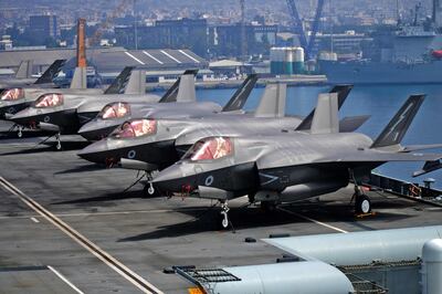 Royal Navy F-35B aircraft are parked on the deck of ‘HMS Queen Elizabeth’ in the port city of Limassol in Cyprus. AFP
