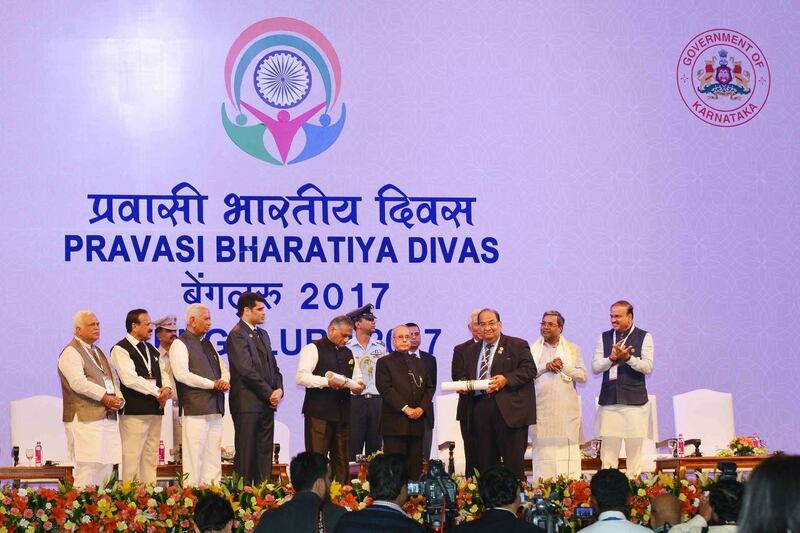 Textile businessman Vasu Shroff awarded the Pravasi Bharatiya Samman, a prestigious award for non-resident Indians in 2017. Late Indian President Pranab Mukherjee honoured him for his philanthropy in the UAE and at home. Courtesy: Shroff family