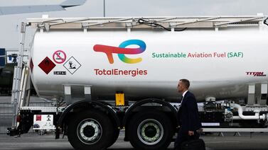 A Total tanker vehicle with sustainable aviation fuel. SAF is currently six times more expensive than fossil alternatives and two UK airline bosses have called on the government to take on some of the price risk. Reuters