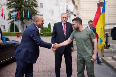 Ukrainian President Volodymyr Zelenskyy, right, greets Turkish President Recep Tayyip Erdogan, centre, and Turkey's Foreign Minister Mevlut Cavusoglu.  AP