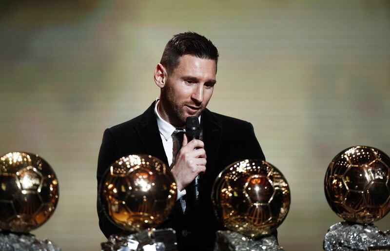 The Men's 2019 Ballon d'Or winner Barcelona forward Lionel Messi sits behind some of his six Ballon d'Or trophies during the ceremony at Theatre du Chatelet in Paris, France, 2 December 2019.  EPA/YOAN VALAT