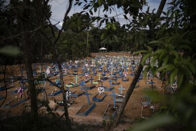 Graves of people who have died in the past month fill a new section of the Nossa Senhora Aparecida cemetery, amid the new coronavirus pandemic, in Manaus, Brazil, Monday, May 11, 2020. (AP Photo/Felipe Dana)