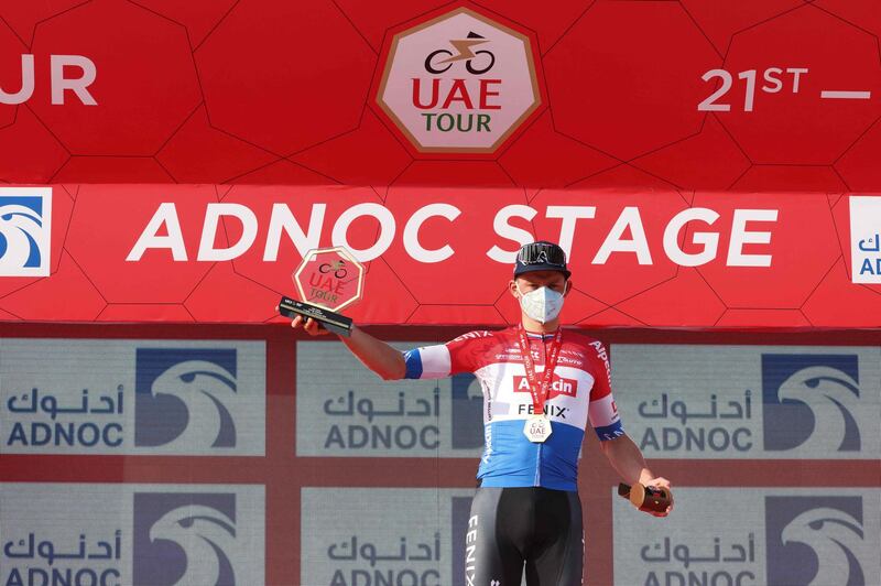 Mathieu van der Poel on the podium after winning Stage 1 of the UAE Tour. AFP