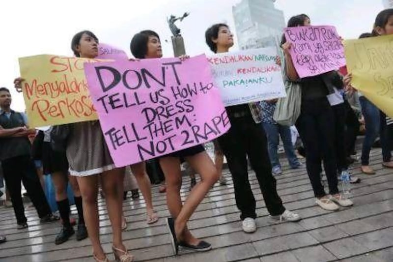 At Jakarta's central roundabout last September, women protest against comments by Fauzi Bowo, Jakarta's governor, that attribute the rise in the number of rapes to miniskirts worn by the victims.