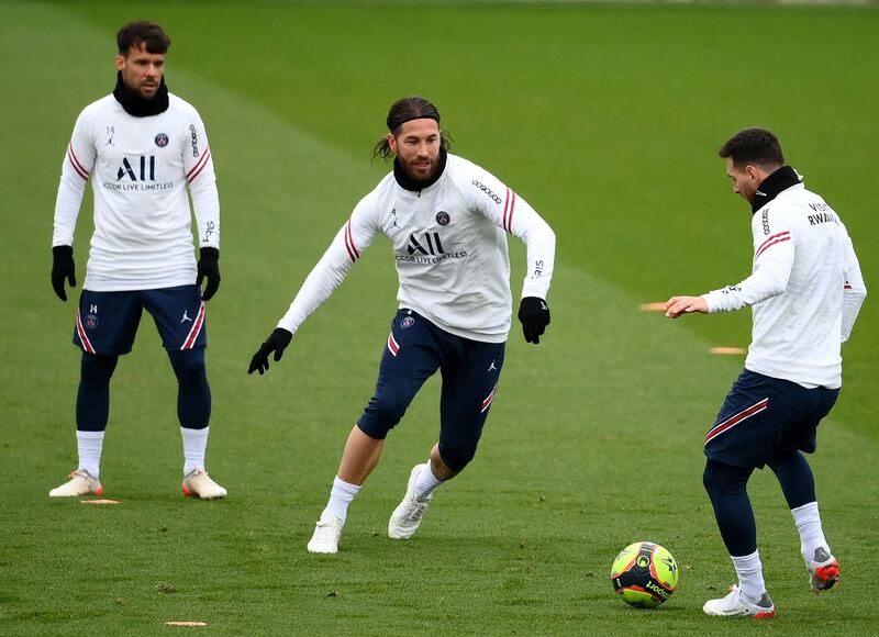 Paris Saint-Germain's Spanish defender Sergio Ramos, centre, could make his long-awaited first appearance in Wednesday's Champions League match against Manchester City. AFP