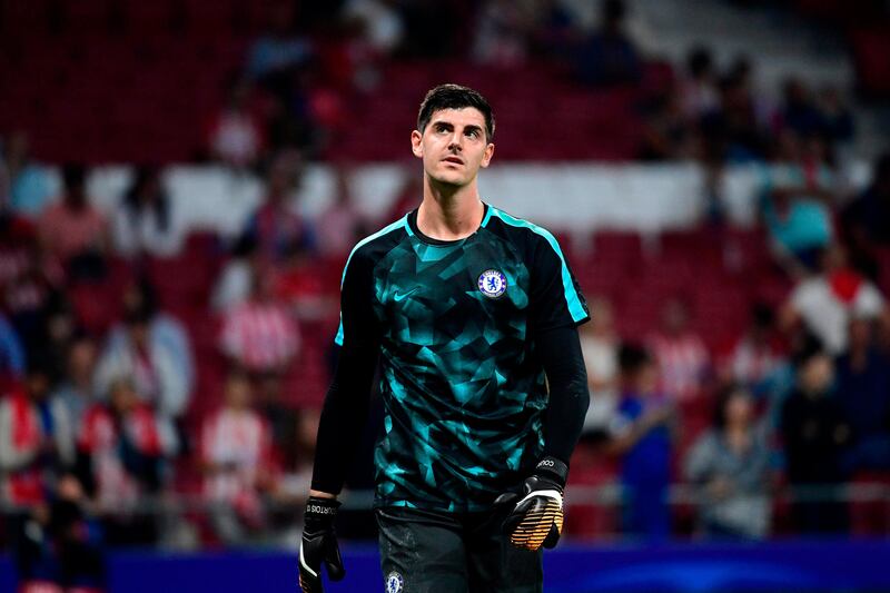 Chelsea's Belgian goalkeeper Thibaut Courtois looks on before the UEFA Champions League Group C football match Club Atletico de Madrid vs Chelsea FC at the Metropolitan stadium in Madrid on September 27, 2017. / AFP PHOTO / PIERRE-PHILIPPE MARCOU