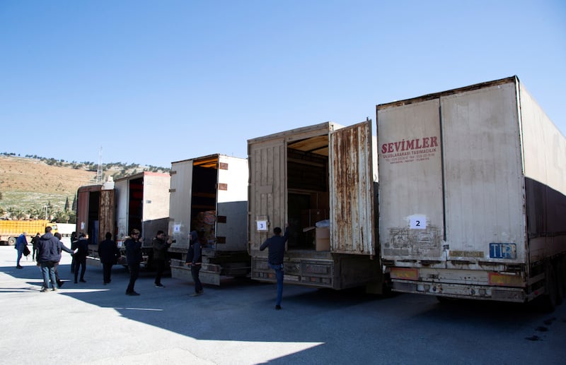Lorries carrying humanitarian aid wait at Bab Al Hawa crossing on the Turkey-Syria border. Reuters