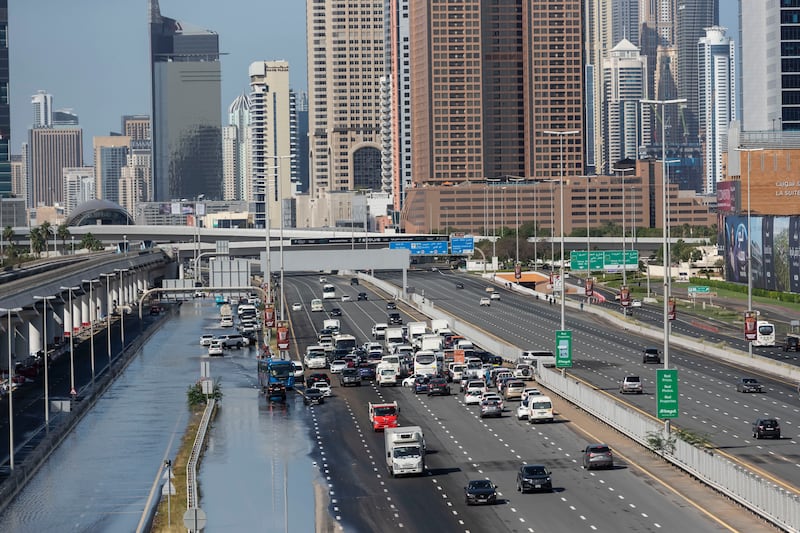 A flooded section of road near Sheikh Zayed motorway after heavy rain. Antonie Robertson / The National