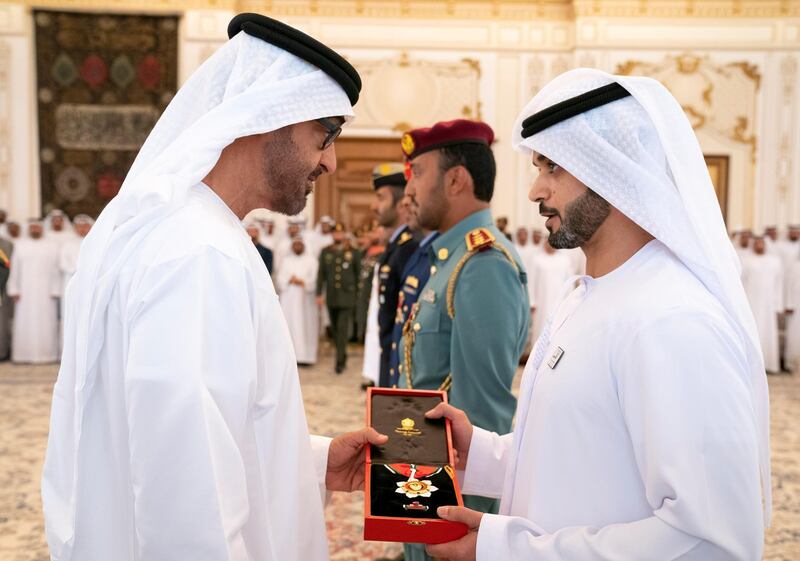 ABU DHABI, UNITED ARAB EMIRATES - April 08, 2019: HH Sheikh Mohamed bin Zayed Al Nahyan, Crown Prince of Abu Dhabi and Deputy Supreme Commander of the UAE Armed Forces (L), presents an Emirates Military Medals to members of the UAE Armed Forces, Ministry of Interior and Abu Dhabi Police, during a Sea Palace barza.

( Ryan Carter / Ministry of Presidential Affairs )
---