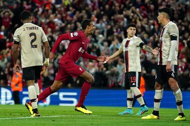 Liverpool's Joel Matip celebrates scoring their side's second goal of the game during the UEFA Champions League match at Anfield, Liverpool. Picture date: Tuesday September 13, 2022.