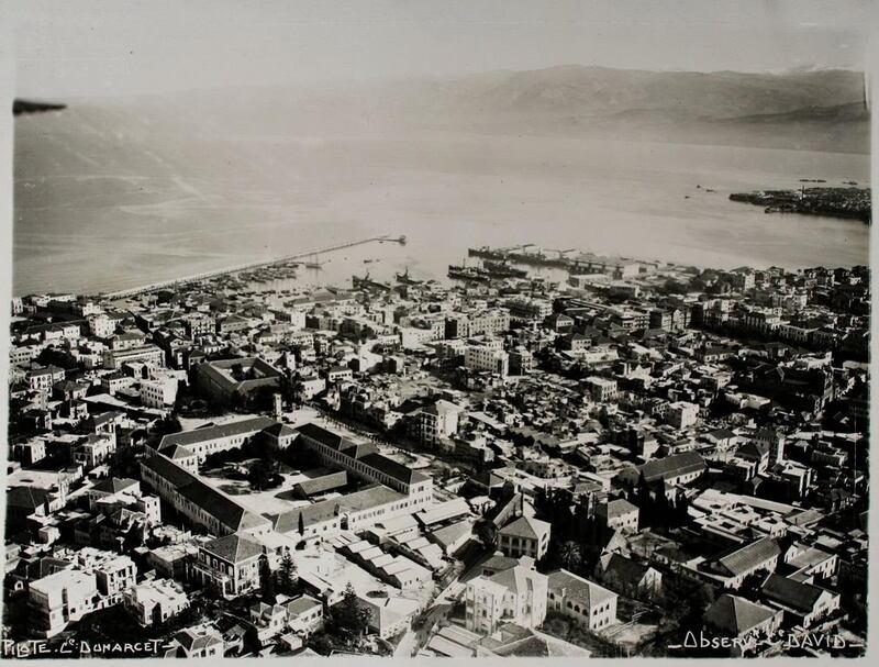 Colonel Dumarcet (pilot) and Colonel David (observer). Beirut, the Grand Serail, and the port, circa 1926-30. Courtesy the Fouad Debbas Collection / Sursock Museum.