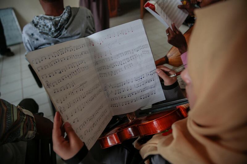 A female Yemeni music student reads music during a music class at the Cultural Centre in Sanaa, Yemen. Hani Mohammed / AP Photo