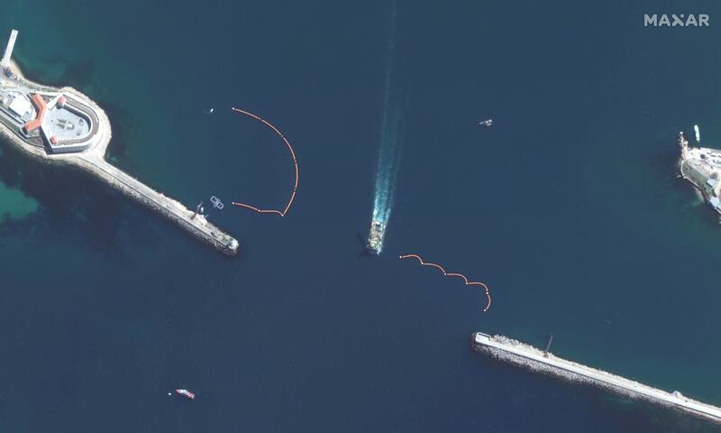 Close-up view of dolphin pens and entrance to Sevastopol Bay. Maxar Technologies