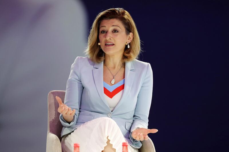 DUBAI, UNITED ARAB EMIRATES , Feb 17  – 2020 :-  MIMOZA KUSARI LILA , MP – Republic of Kosovo speaking during the session on ‘WOMEN LEADERS IN GOVERNMENT’ at the Global Women’s Forum Dubai held at Madinat Jumeirah in Dubai. (Pawan  Singh / The National) For News. Story by Kelly